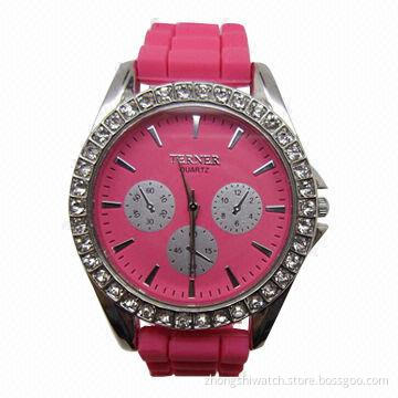 Luxury Fashionable Unisex Wristwatch with Alloy Case, Crystals Bezel and Silicone Band